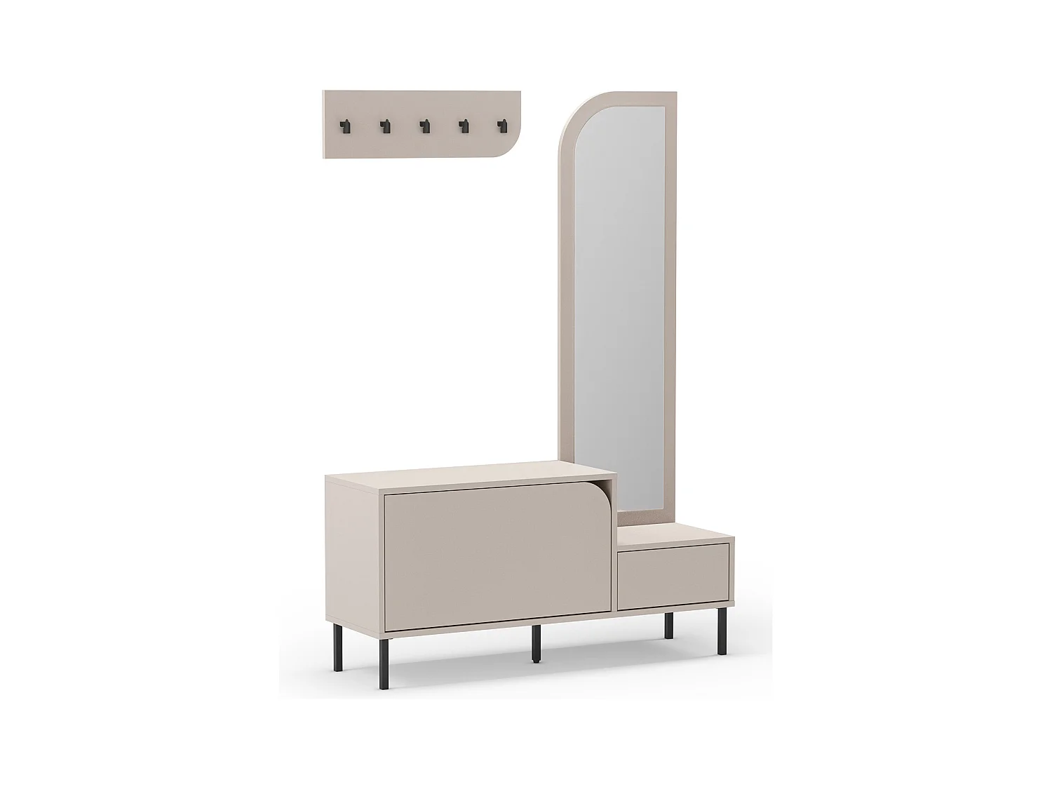 Meuble d'entrée, meuble à chaussures aspect bois coloris crème avec miroir et portant, pieds en métal noir - Longueur 112 x Profondeur 38,50 x Hauteur 172 cm