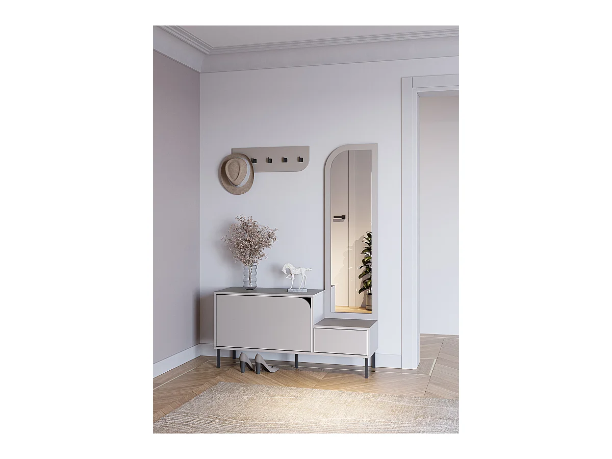 Meuble d'entrée, meuble à chaussures aspect bois coloris crème avec miroir et portant, pieds en métal noir - Longueur 112 x Profondeur 38,50 x Hauteur 172 cm