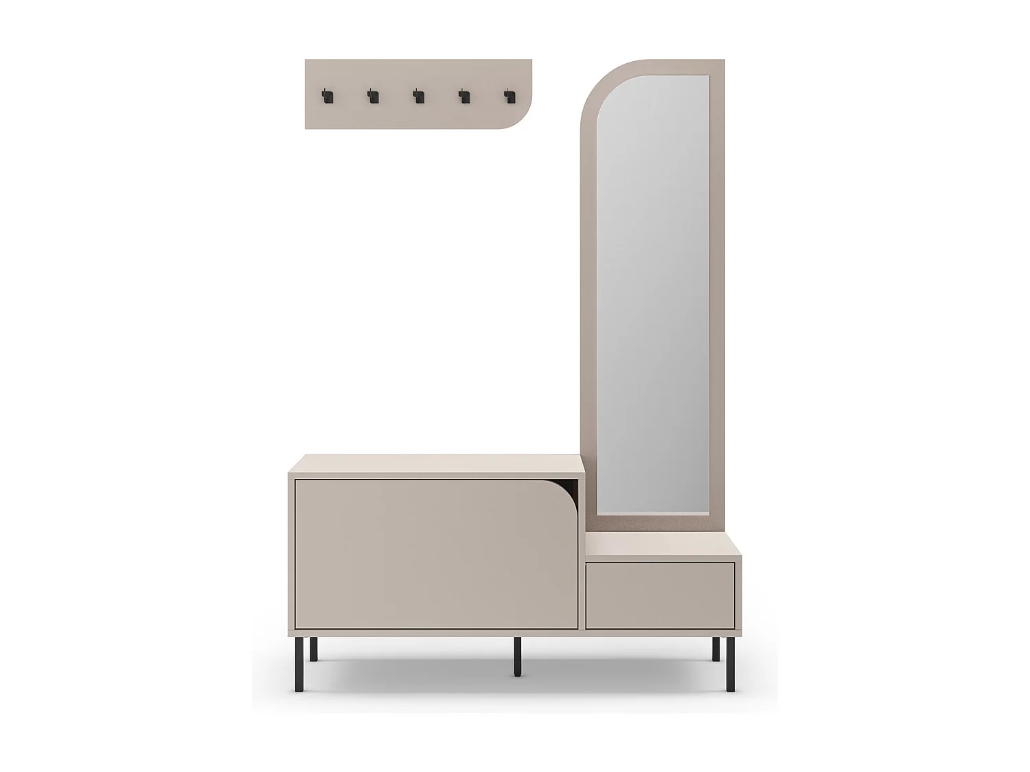 Meuble d'entrée, meuble à chaussures aspect bois coloris crème avec miroir et portant, pieds en métal noir - Longueur 112 x Profondeur 38,50 x Hauteur 172 cm