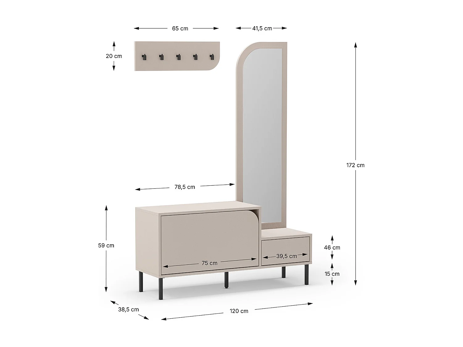 Meuble d'entrée, meuble à chaussures aspect bois coloris crème avec miroir et portant, pieds en métal noir - Longueur 112 x Profondeur 38,50 x Hauteur 172 cm