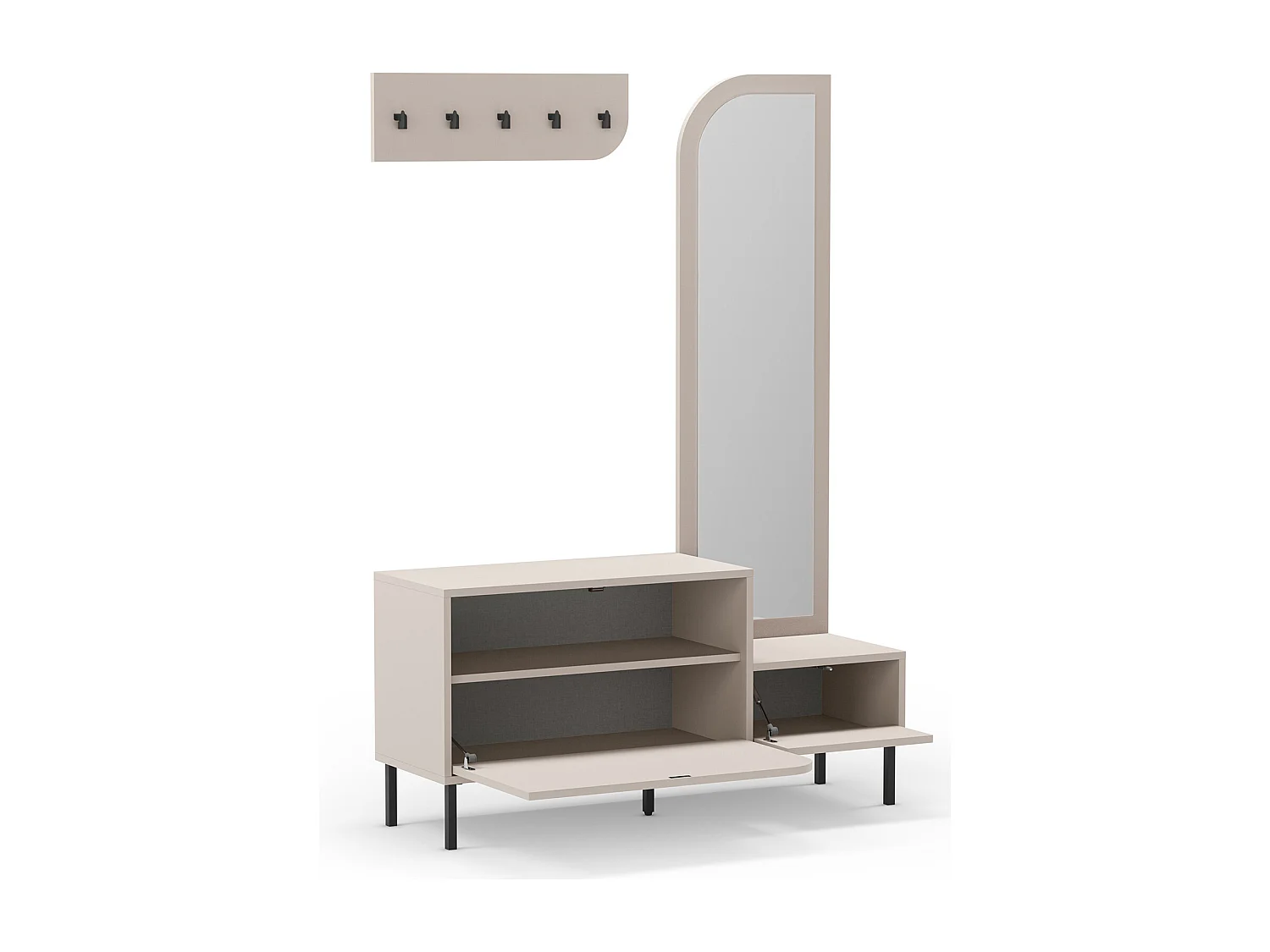 Meuble d'entrée, meuble à chaussures aspect bois coloris crème avec miroir et portant, pieds en métal noir - Longueur 112 x Profondeur 38,50 x Hauteur 172 cm