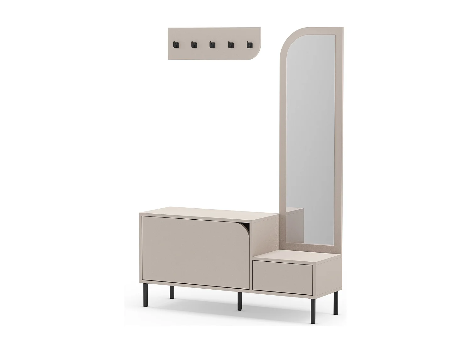 Meuble d'entrée, meuble à chaussures aspect bois coloris crème avec miroir et portant, pieds en métal noir - Longueur 112 x Profondeur 38,50 x Hauteur 172 cm