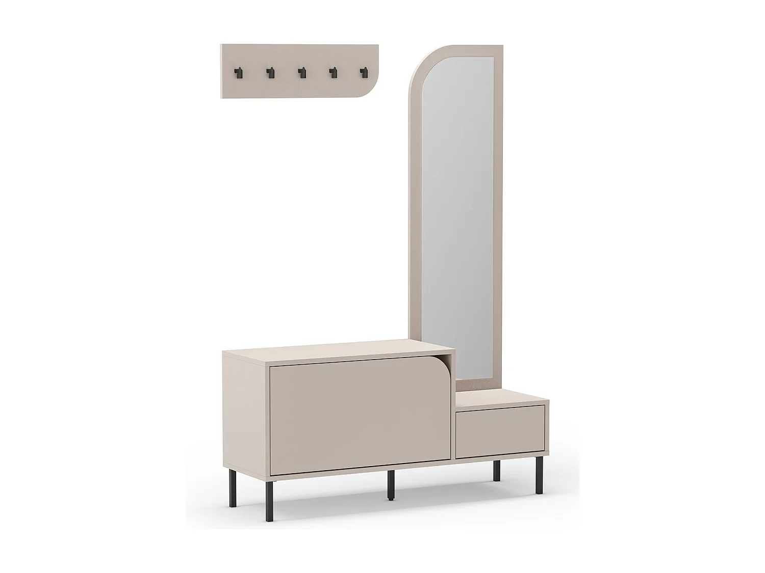 Meuble d'entrée, meuble à chaussures aspect bois coloris crème avec miroir et portant, pieds en métal noir - Longueur 112 x Profondeur 38,50 x Hauteur 172 cm