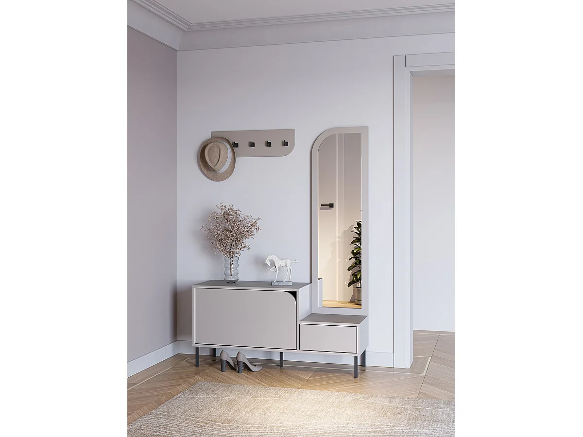 Meuble d'entrée, meuble à chaussures aspect bois coloris crème avec miroir et portant, pieds en métal noir - Longueur 112 x Profondeur 38,50 x Hauteur 172 cm