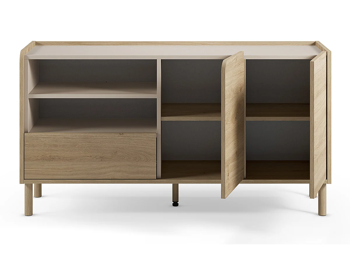 Buffet, meuble de rangement avec 2 portes et 1 tiroir aspect bois coloris chêne - Longueur 141 x Profondeur 44 x Hauteur 75,50 cm