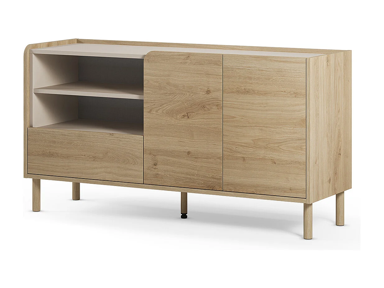 Buffet, meuble de rangement avec 2 portes et 1 tiroir aspect bois coloris chêne - Longueur 141 x Profondeur 44 x Hauteur 75,50 cm