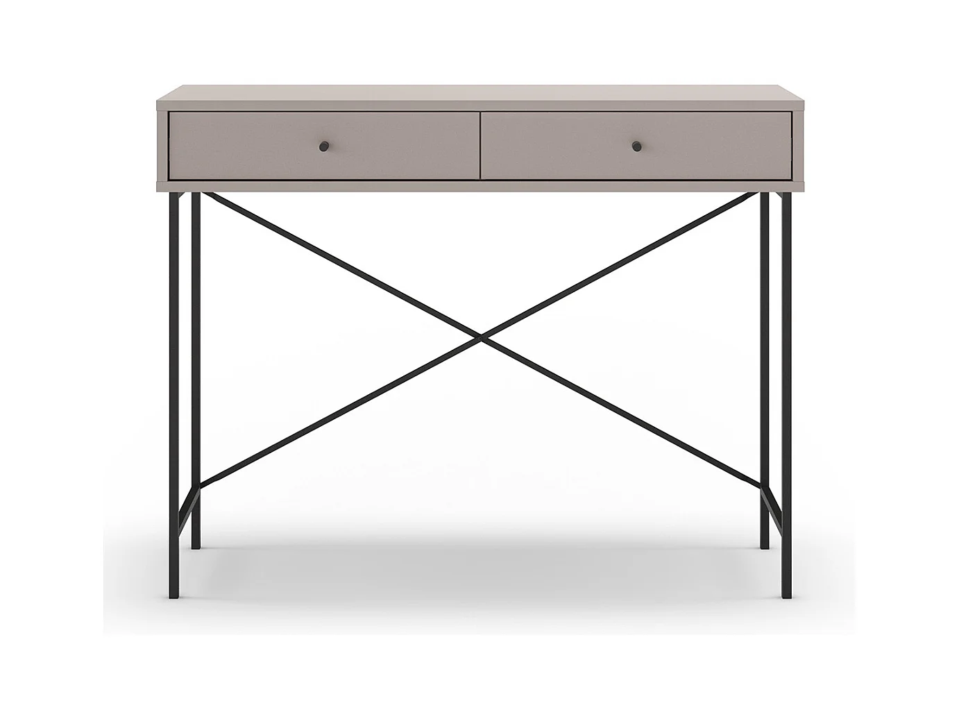 Meuble console, table de console avec 2 tiroirs aspect bois coloris Moka et pieds en métal noir - Longueur 110 x Profondeur 35 x Hauteur 85 cm