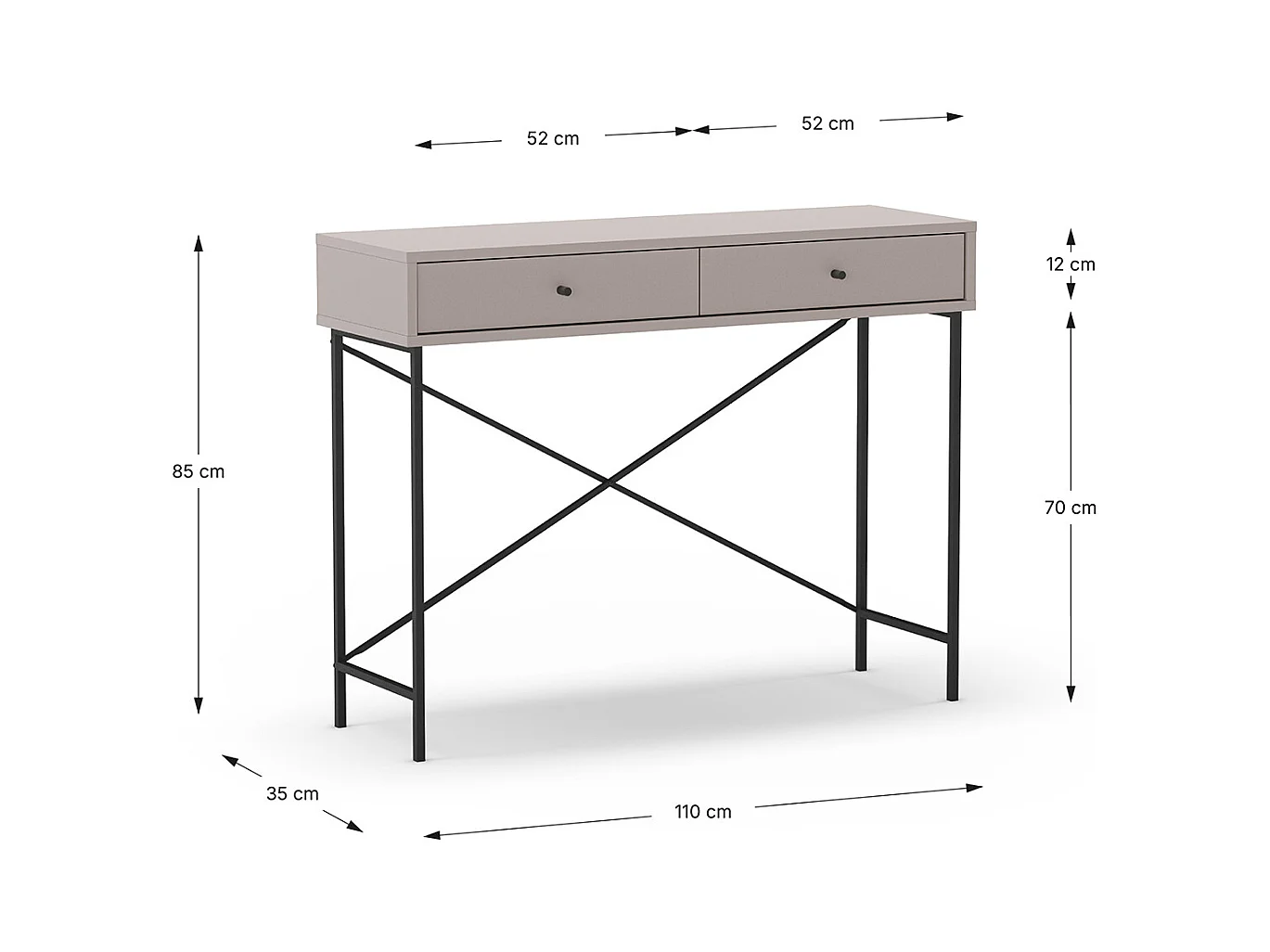 Meuble console, table de console avec 2 tiroirs aspect bois coloris Moka et pieds en métal noir - Longueur 110 x Profondeur 35 x Hauteur 85 cm