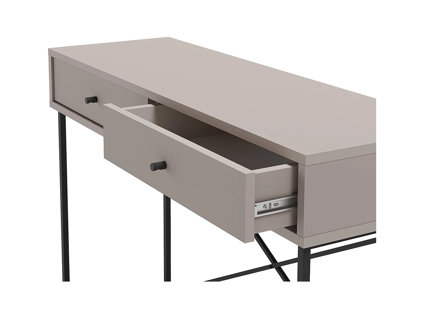 Meuble console, table de console avec 2 tiroirs aspect bois coloris Moka et pieds en métal noir - Longueur 110 x Profondeur 35 x Hauteur 85 cm