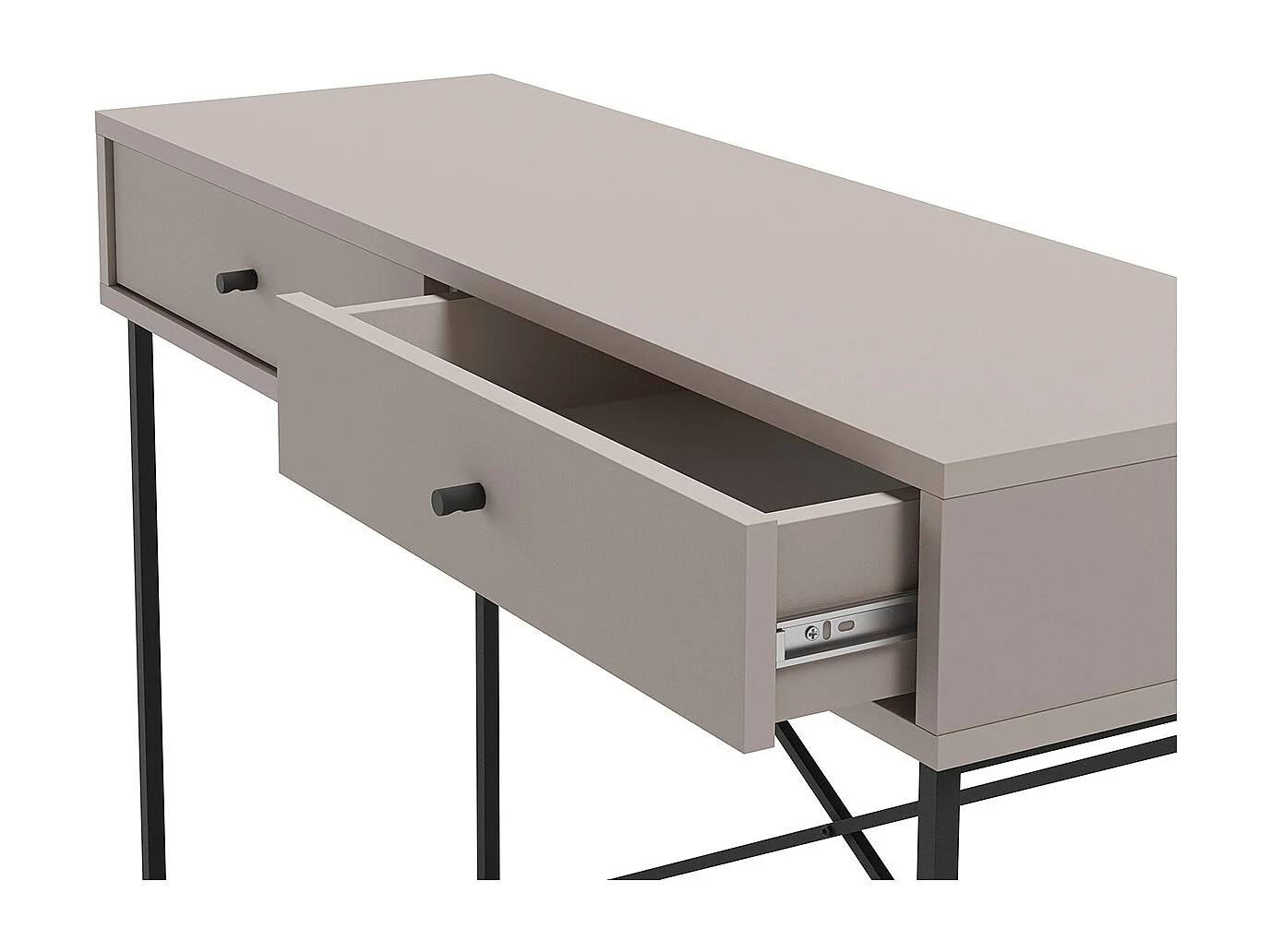 Meuble console, table de console avec 2 tiroirs aspect bois coloris Moka et pieds en métal noir - Longueur 110 x Profondeur 35 x Hauteur 85 cm