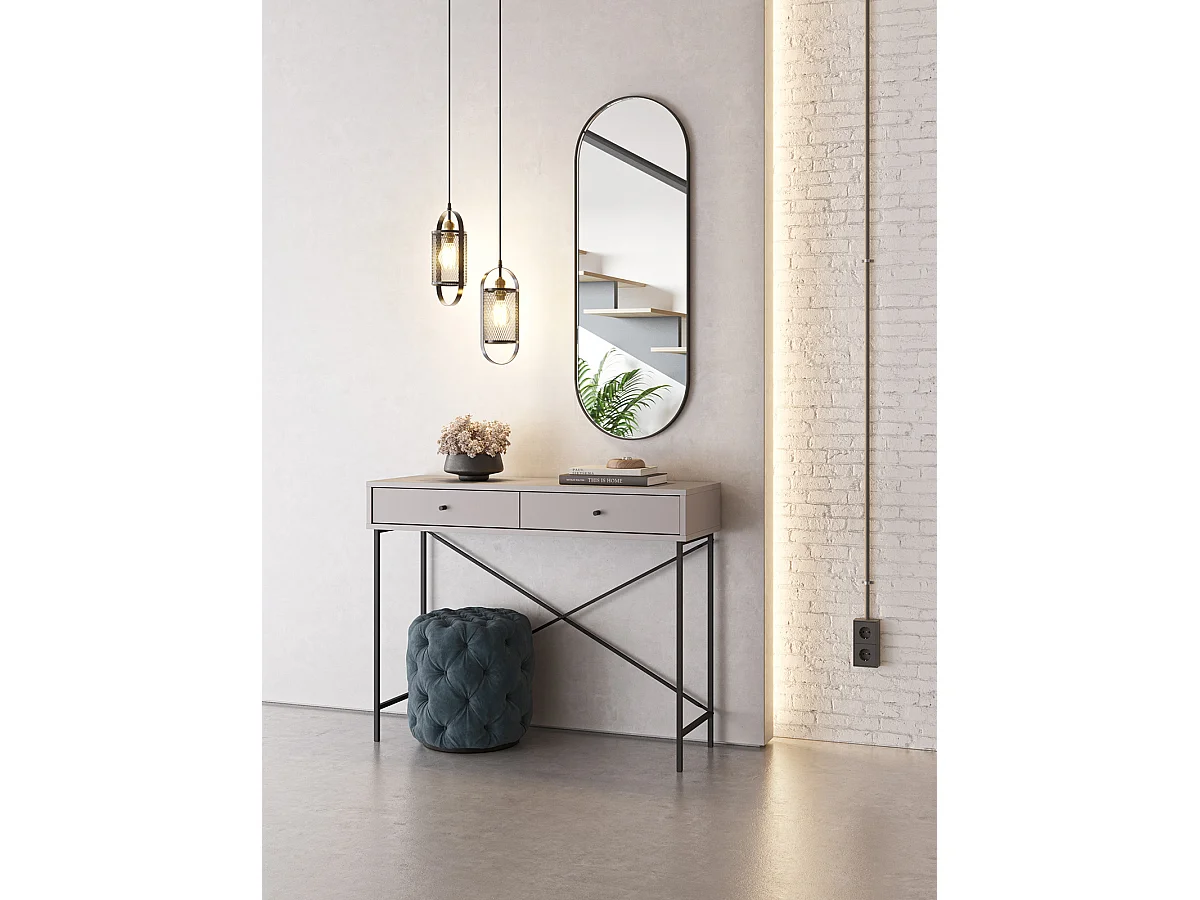 Meuble console, table de console avec 2 tiroirs aspect bois coloris Moka et pieds en métal noir - Longueur 110 x Profondeur 35 x Hauteur 85 cm