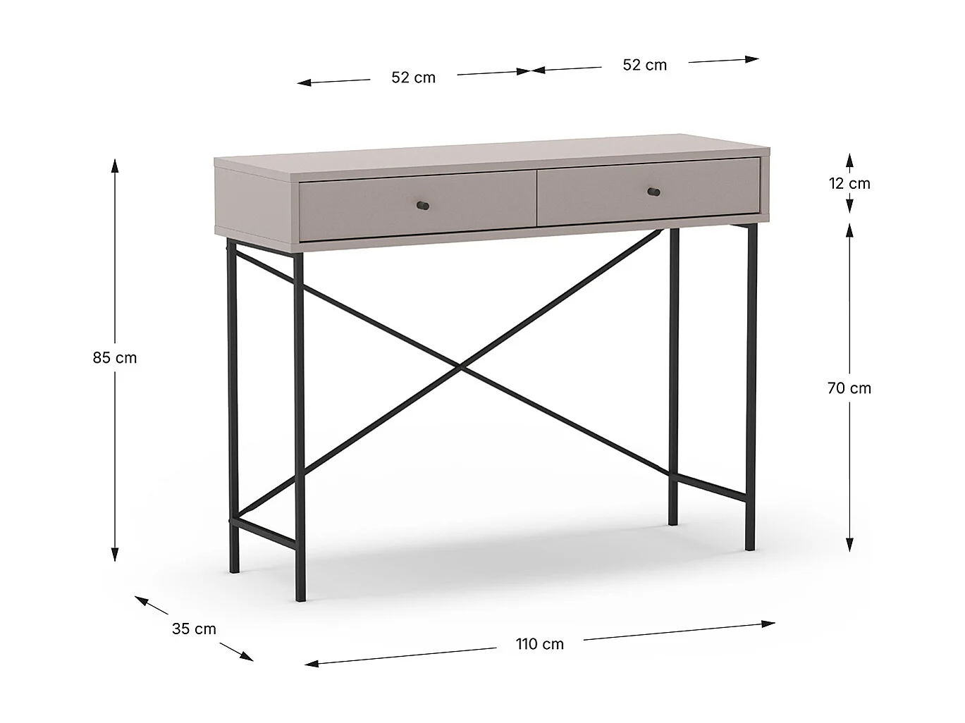 Meuble console, table de console avec 2 tiroirs aspect bois coloris Moka et pieds en métal noir - Longueur 110 x Profondeur 35 x Hauteur 85 cm