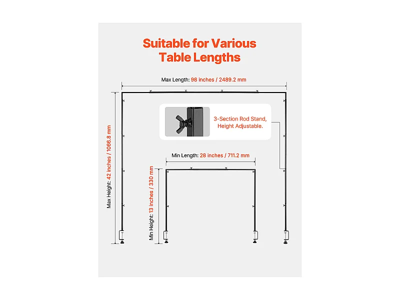 Tafelstanghouder SucceBuy met Klemmen, Tafelbooghouder, Hoogte Verstelbaar 33-107 cm Lengte Verstelbaar 71.1-249 cm, Metaalboogframe