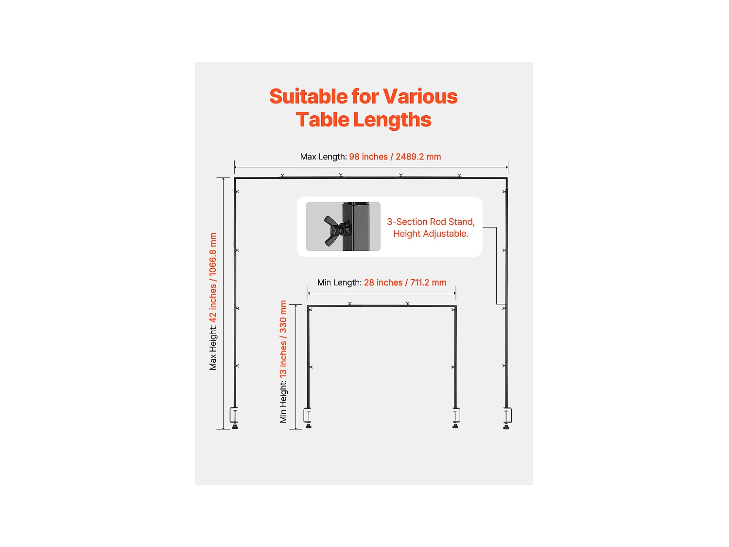 Wspornik Pręta Stołu SucceBuy z Zaciskami, Wspornik Łuku Stołu, Wysokość Regulowana 33-107 cm Długość Regulowana 71.1-249 cm, Metalowa Ramka Łuku