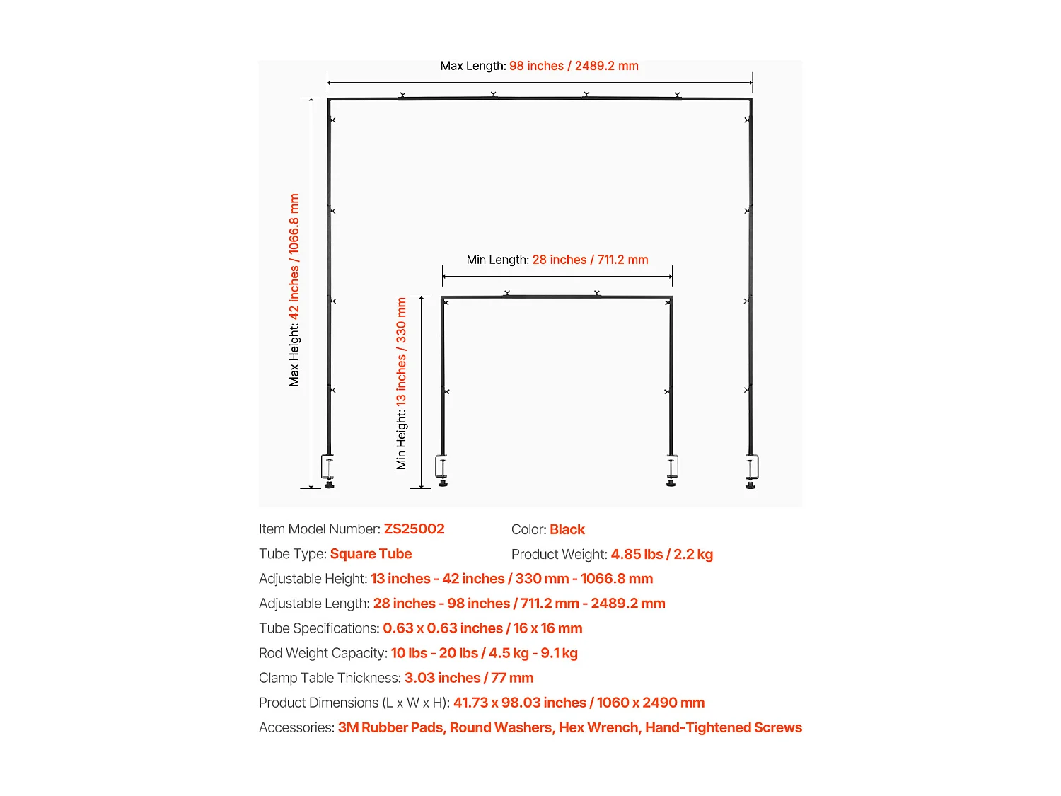 Wspornik Pręta Stołu SucceBuy z Zaciskami, Wspornik Łuku Stołu, Wysokość Regulowana 33-107 cm Długość Regulowana 71.1-249 cm, Metalowa Ramka Łuku