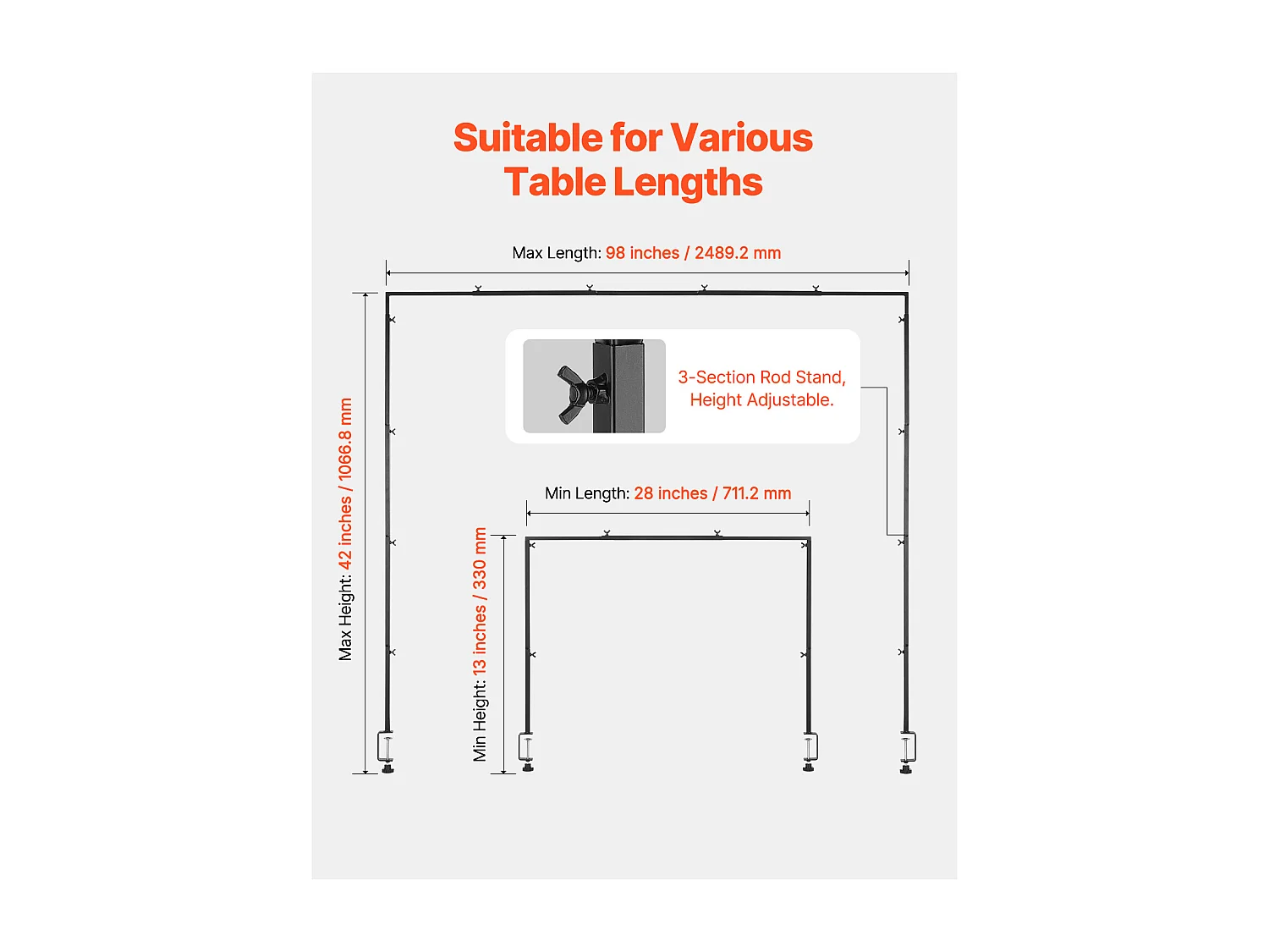 Support Tige de Table SucceBuy avec Pinces, Support Arche de Table, Hauteur Réglable 33-107 cm Longueur Réglable 71.1-249 cm, Cadre d'Arche Métal