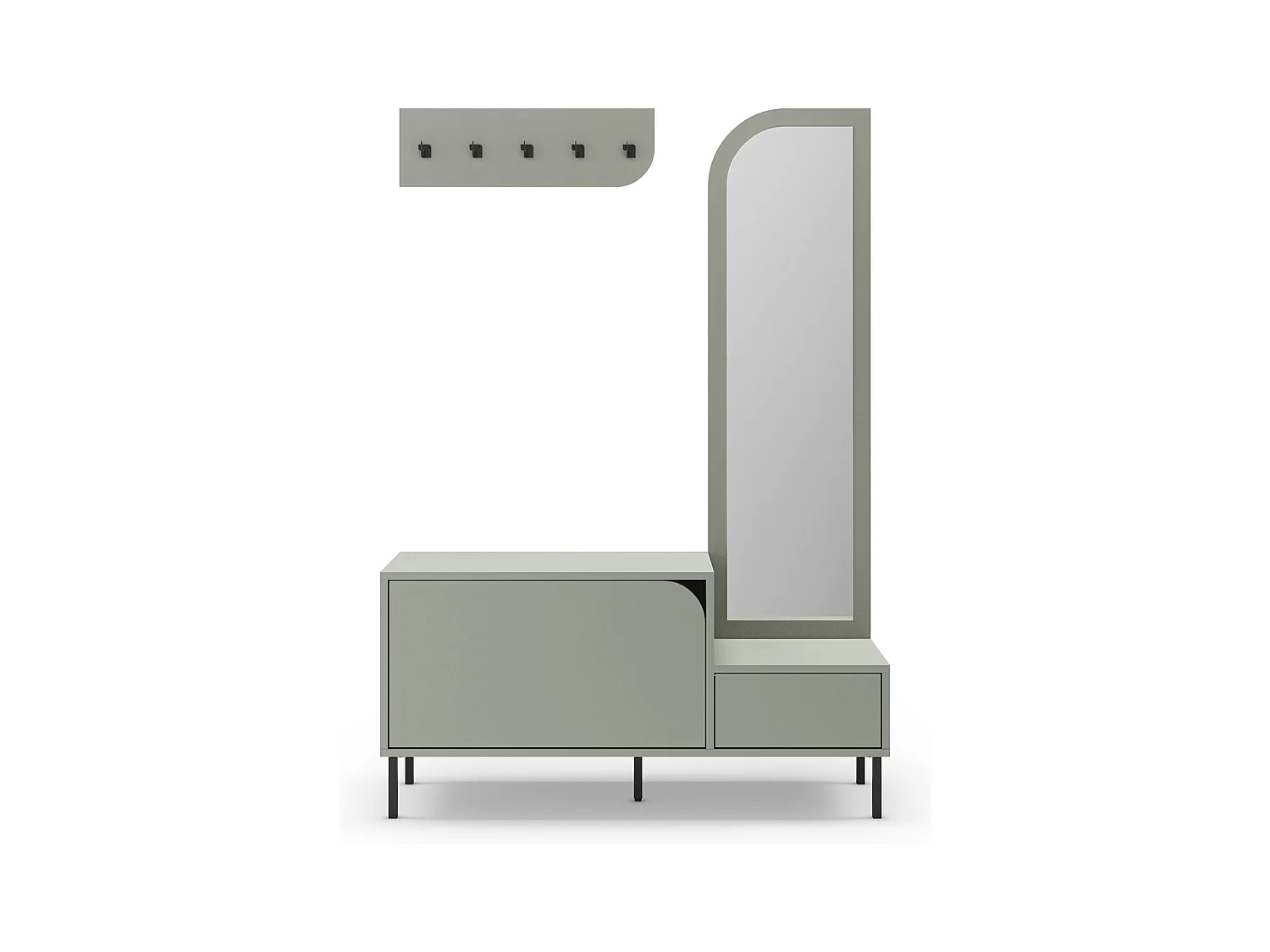 Meuble d'entrée, meuble à chaussures aspect bois coloris vert avec miroir et portant, pieds en métal noir - Longueur 112 x Profondeur 38,50 x Hauteur 172 cm