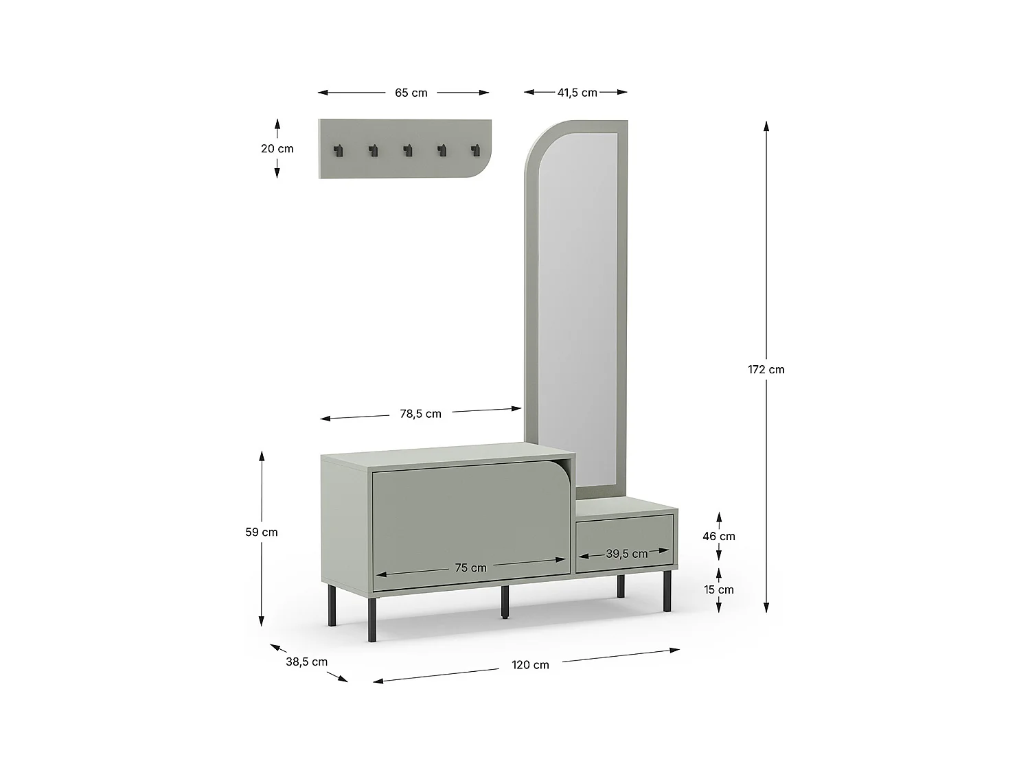 Meuble d'entrée, meuble à chaussures aspect bois coloris vert avec miroir et portant, pieds en métal noir - Longueur 112 x Profondeur 38,50 x Hauteur 172 cm