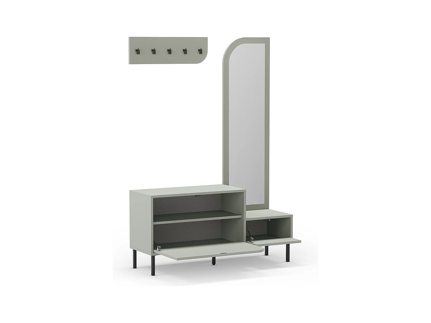 Meuble d'entrée, meuble à chaussures aspect bois coloris vert avec miroir et portant, pieds en métal noir - Longueur 112 x Profondeur 38,50 x Hauteur 172 cm