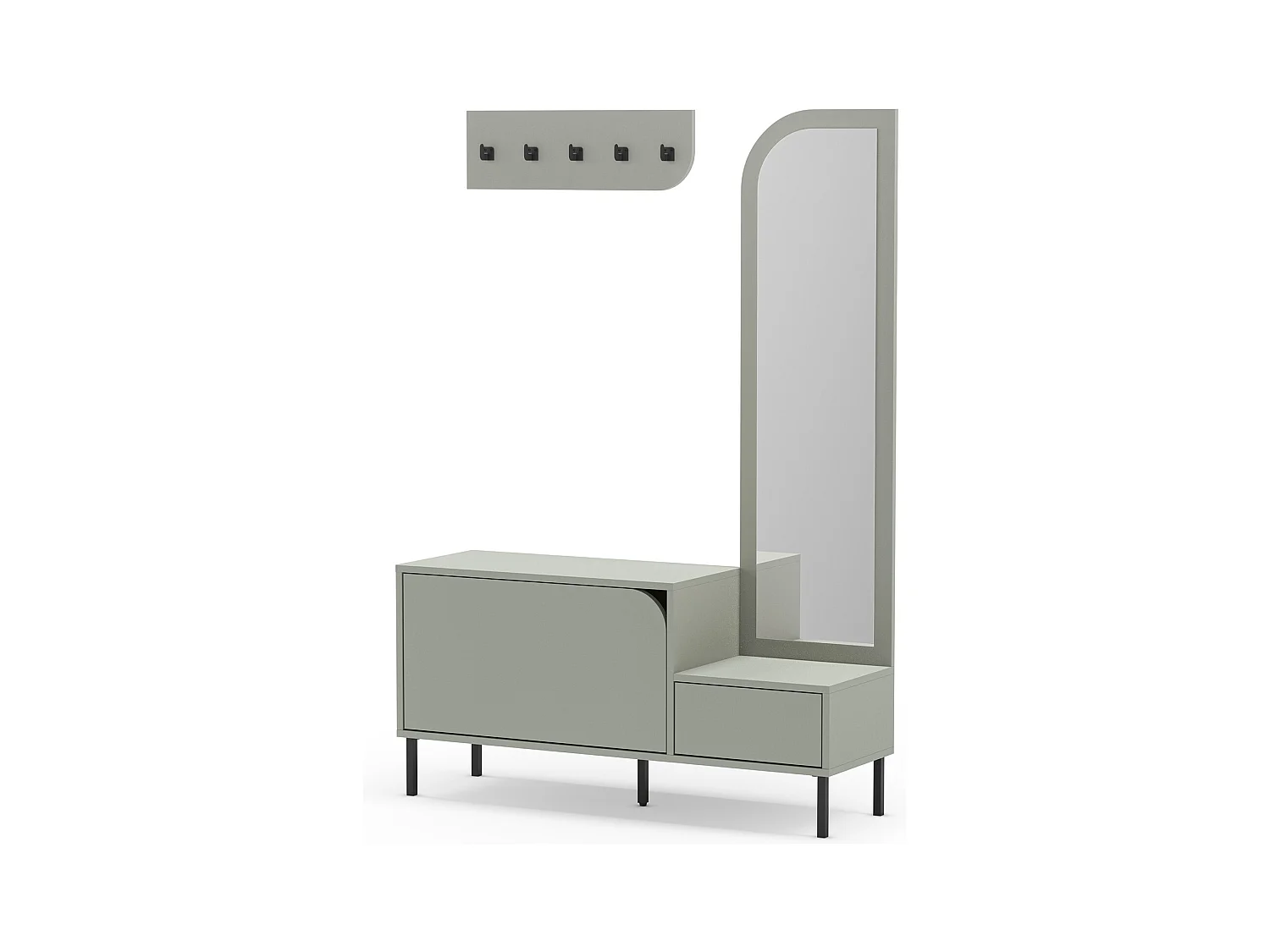 Meuble d'entrée, meuble à chaussures aspect bois coloris vert avec miroir et portant, pieds en métal noir - Longueur 112 x Profondeur 38,50 x Hauteur 172 cm