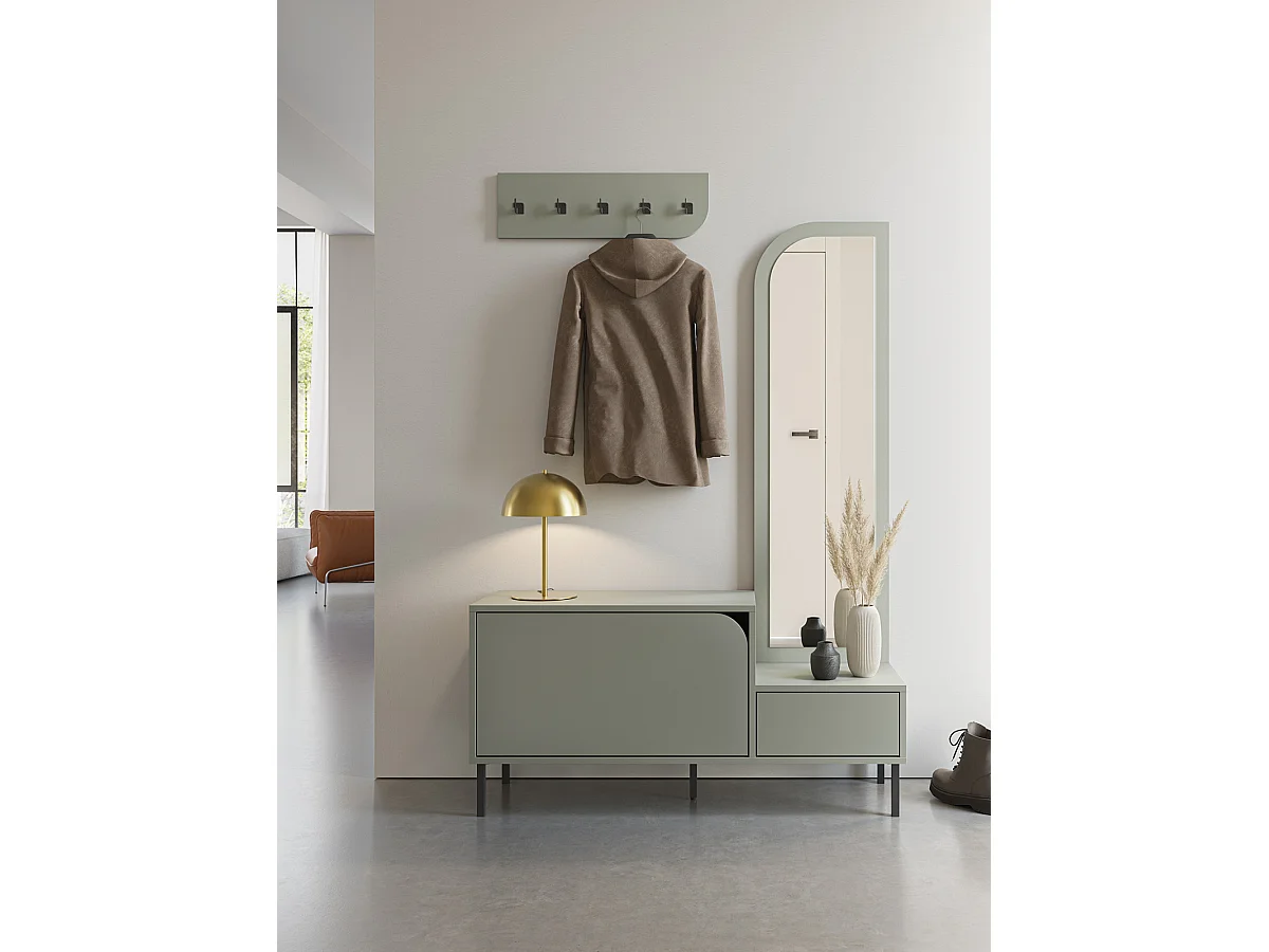 Meuble d'entrée, meuble à chaussures aspect bois coloris vert avec miroir et portant, pieds en métal noir - Longueur 112 x Profondeur 38,50 x Hauteur 172 cm