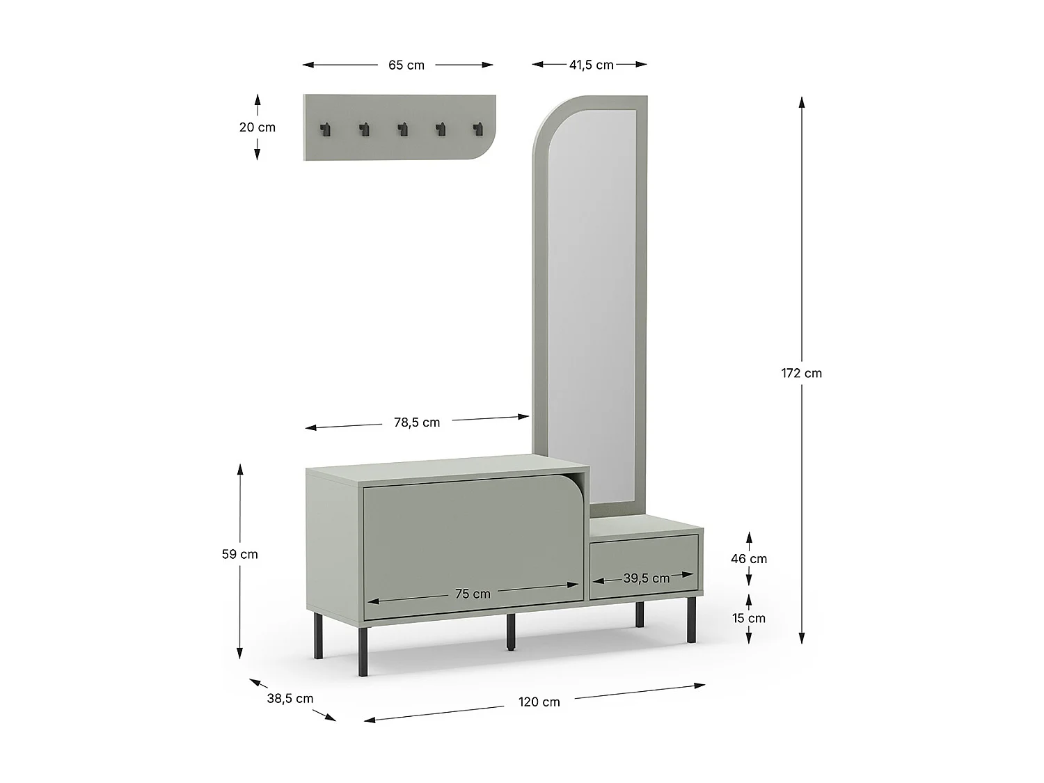 Meuble d'entrée, meuble à chaussures aspect bois coloris vert avec miroir et portant, pieds en métal noir - Longueur 112 x Profondeur 38,50 x Hauteur 172 cm