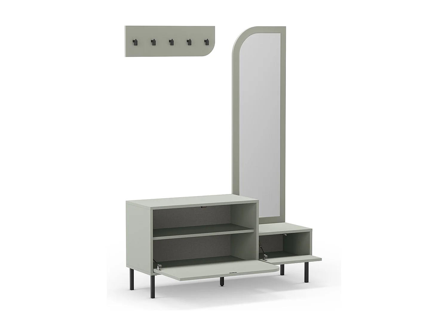 Meuble d'entrée, meuble à chaussures aspect bois coloris vert avec miroir et portant, pieds en métal noir - Longueur 112 x Profondeur 38,50 x Hauteur 172 cm