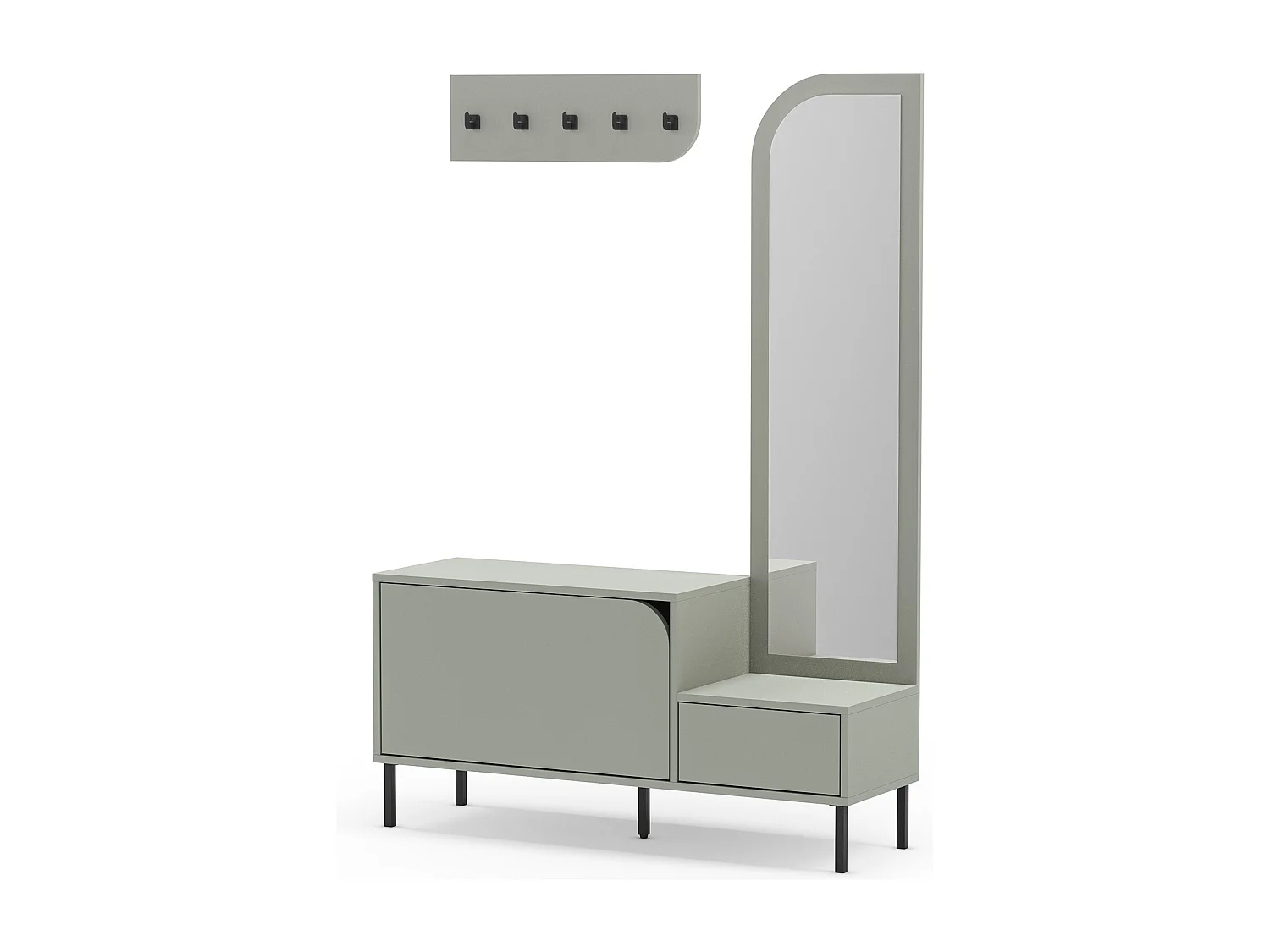 Meuble d'entrée, meuble à chaussures aspect bois coloris vert avec miroir et portant, pieds en métal noir - Longueur 112 x Profondeur 38,50 x Hauteur 172 cm