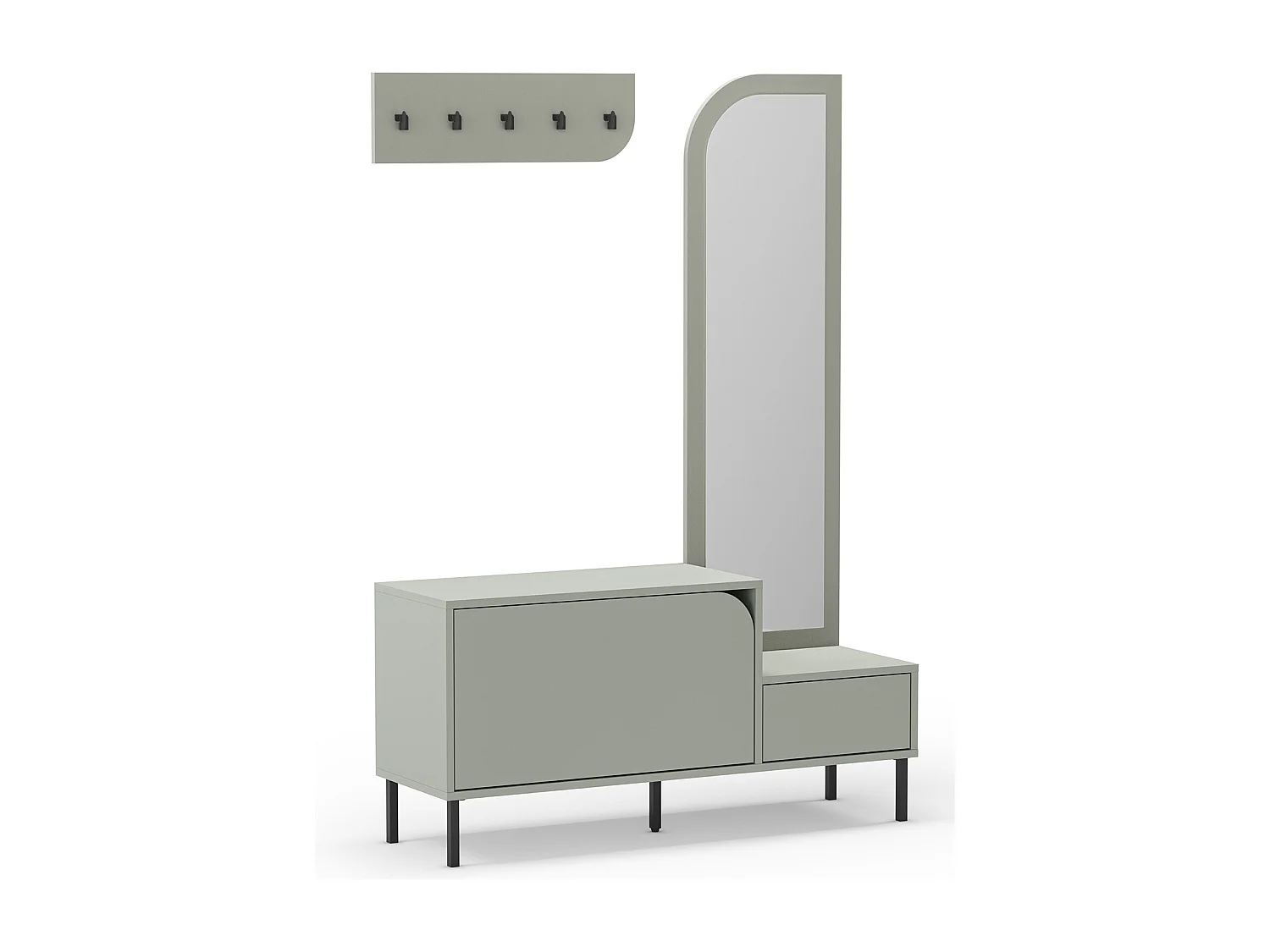 Meuble d'entrée, meuble à chaussures aspect bois coloris vert avec miroir et portant, pieds en métal noir - Longueur 112 x Profondeur 38,50 x Hauteur 172 cm