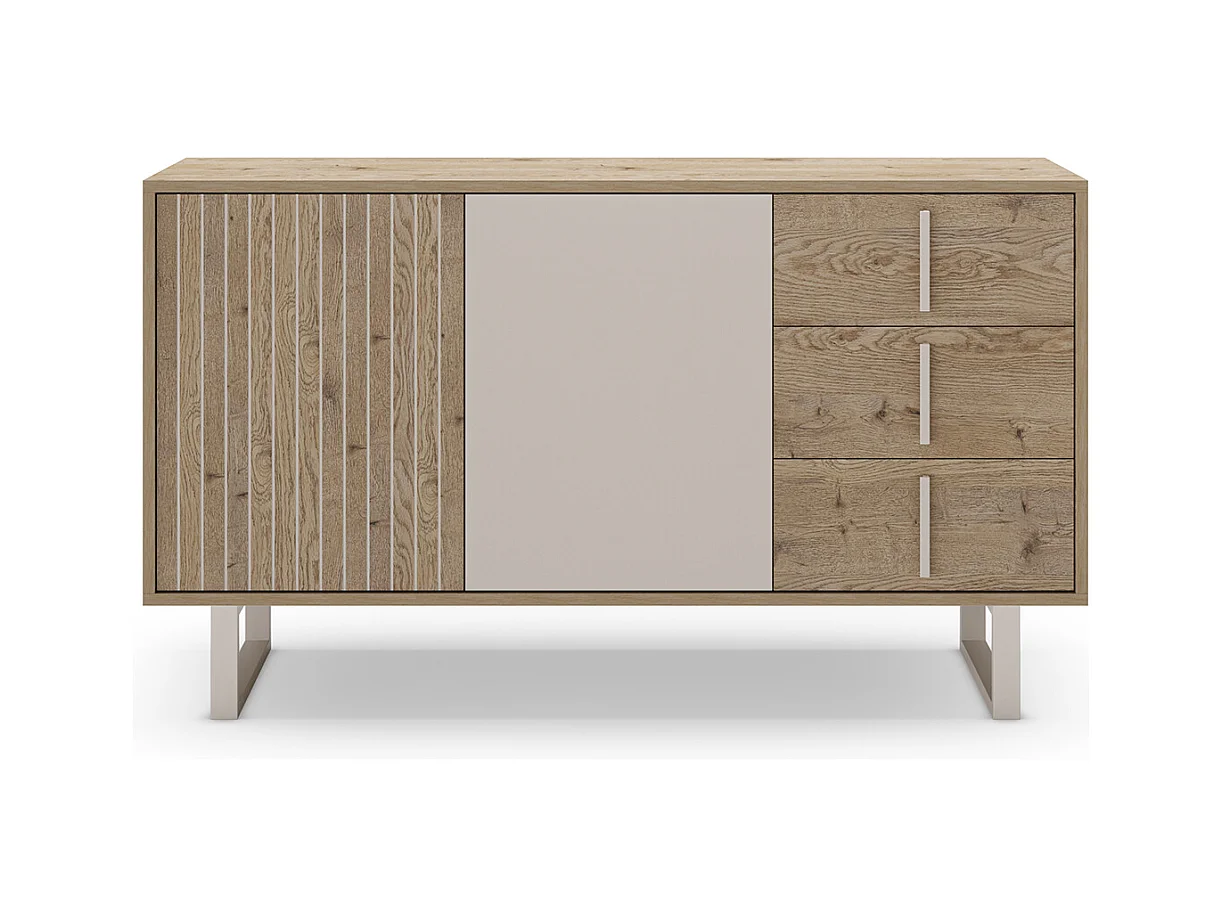 Buffet, meuble de rangement avec 2 portes et 3 tiroirs aspect bois coloris chêne et métal coloris gris - Longueur 140 x Profondeur 40 x Hauteur 80 cm