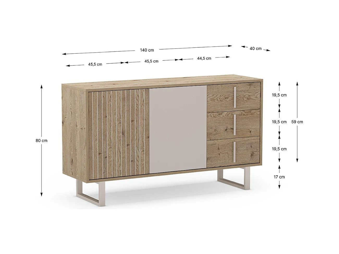 Buffet, meuble de rangement avec 2 portes et 3 tiroirs aspect bois coloris chêne et métal coloris gris - Longueur 140 x Profondeur 40 x Hauteur 80 cm