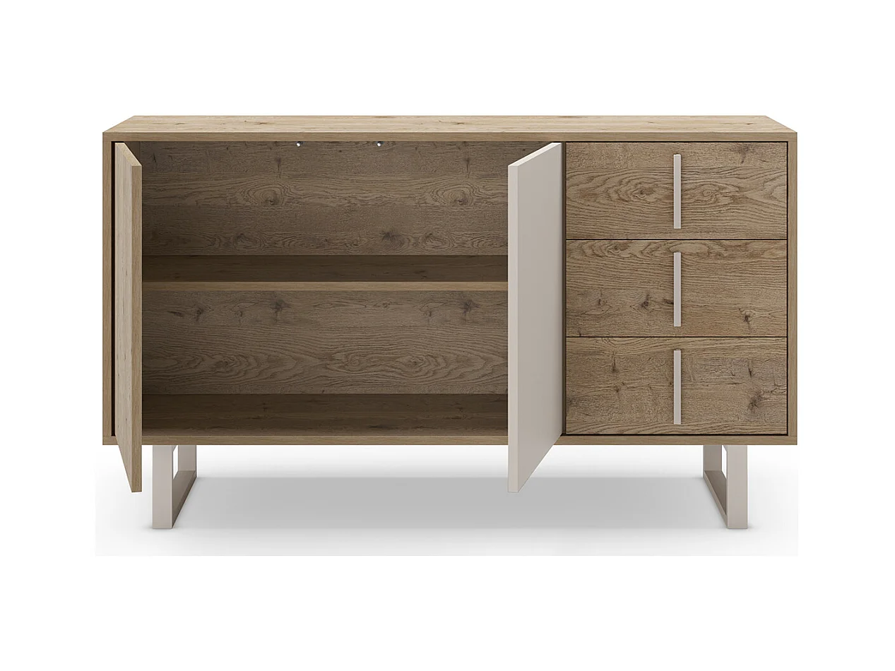 Buffet, meuble de rangement avec 2 portes et 3 tiroirs aspect bois coloris chêne et métal coloris gris - Longueur 140 x Profondeur 40 x Hauteur 80 cm