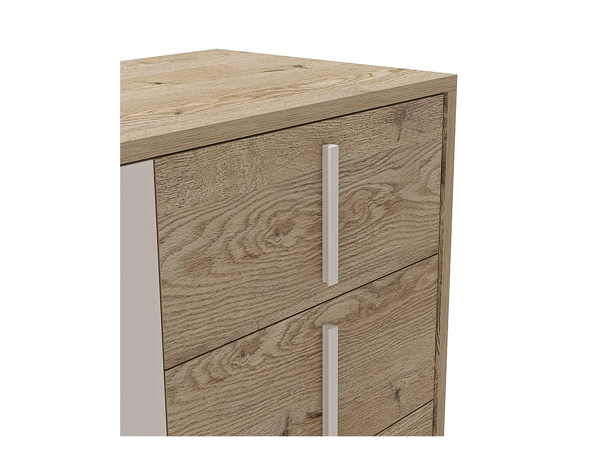 Buffet, meuble de rangement avec 2 portes et 3 tiroirs aspect bois coloris chêne et métal coloris gris - Longueur 140 x Profondeur 40 x Hauteur 80 cm