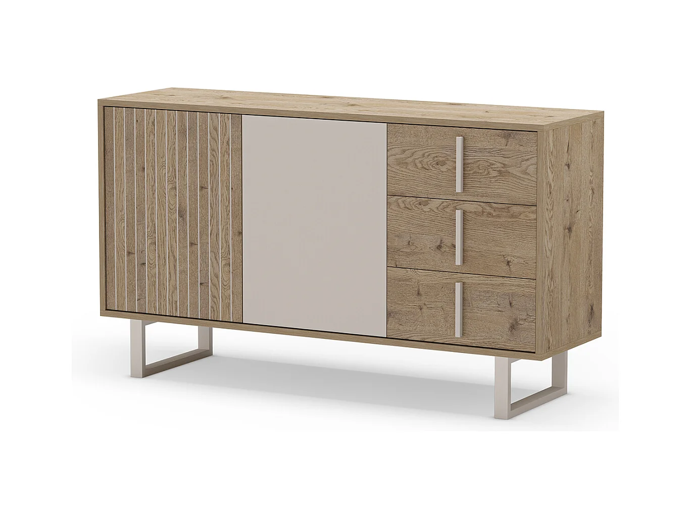 Buffet, meuble de rangement avec 2 portes et 3 tiroirs aspect bois coloris chêne et métal coloris gris - Longueur 140 x Profondeur 40 x Hauteur 80 cm
