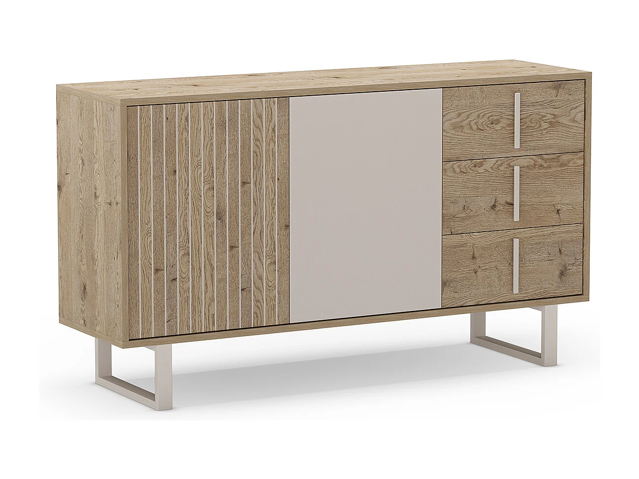 Buffet, meuble de rangement avec 2 portes et 3 tiroirs aspect bois coloris chêne et métal coloris gris - Longueur 140 x Profondeur 40 x Hauteur 80 cm