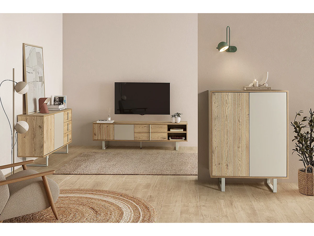 Buffet, meuble de rangement avec 2 portes et 3 tiroirs aspect bois coloris chêne et métal coloris gris - Longueur 140 x Profondeur 40 x Hauteur 80 cm