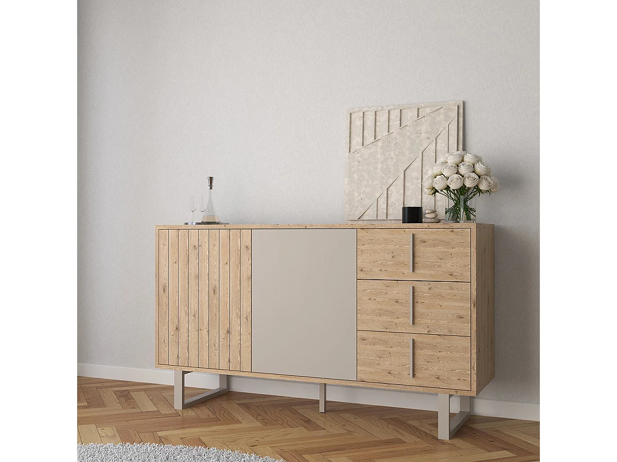 Buffet, meuble de rangement avec 2 portes et 3 tiroirs aspect bois coloris chêne et métal coloris gris - Longueur 140 x Profondeur 40 x Hauteur 80 cm