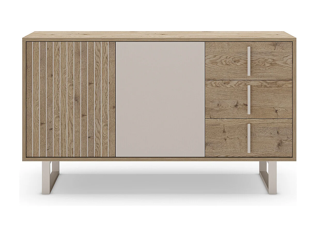 Buffet, meuble de rangement avec 2 portes et 3 tiroirs aspect bois coloris chêne et métal coloris gris - Longueur 140 x Profondeur 40 x Hauteur 80 cm