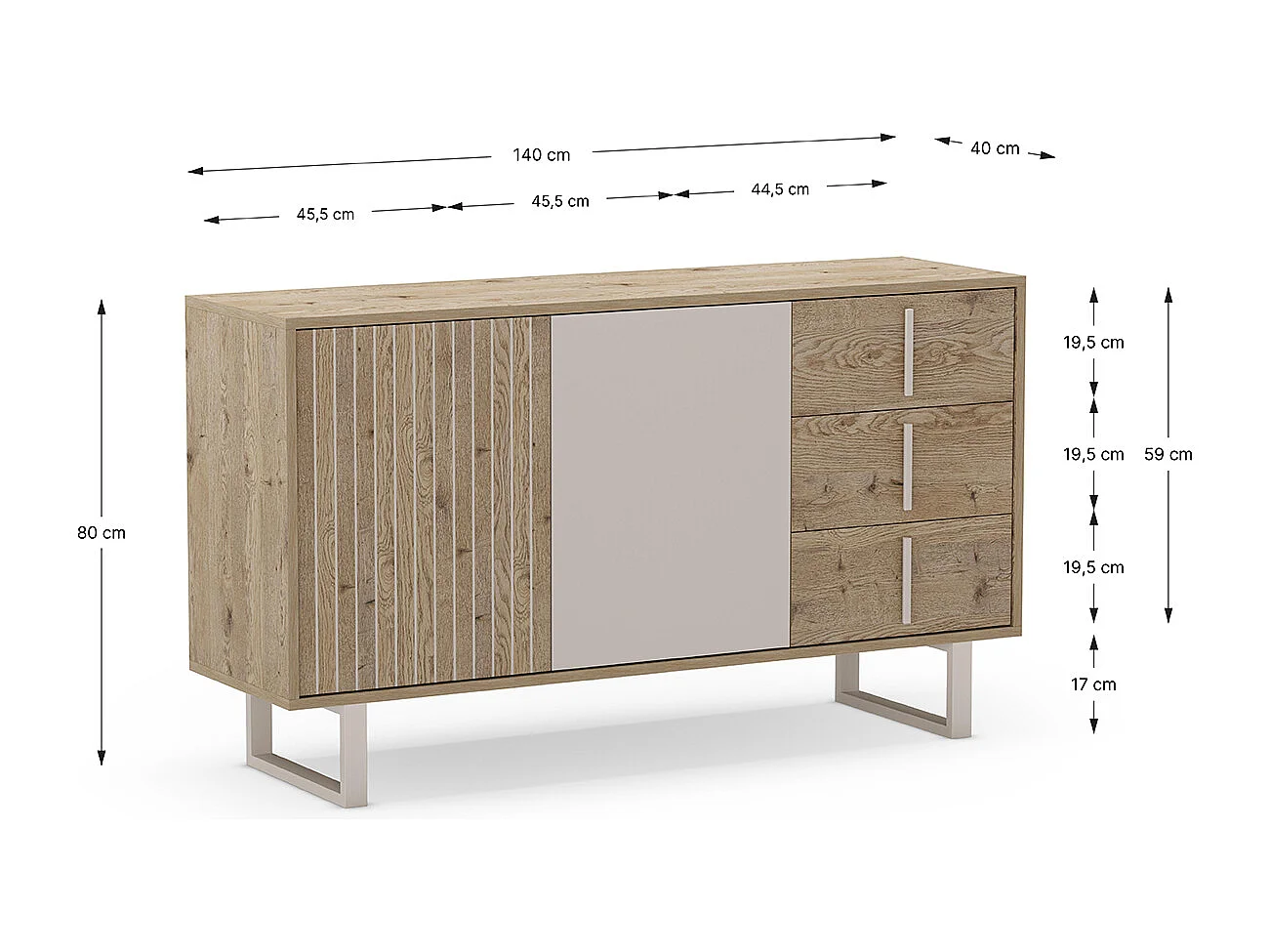 Buffet, meuble de rangement avec 2 portes et 3 tiroirs aspect bois coloris chêne et métal coloris gris - Longueur 140 x Profondeur 40 x Hauteur 80 cm