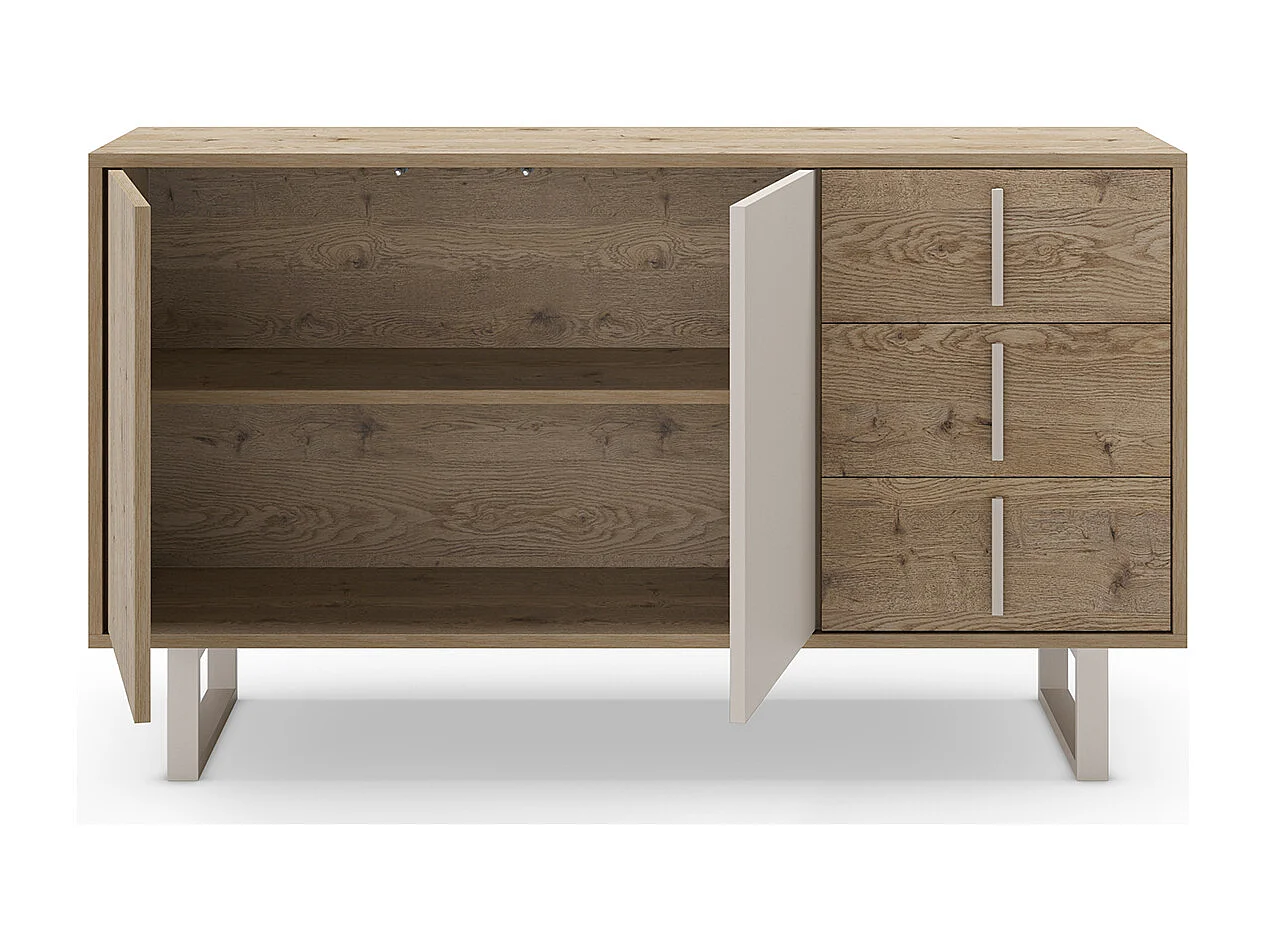 Buffet, meuble de rangement avec 2 portes et 3 tiroirs aspect bois coloris chêne et métal coloris gris - Longueur 140 x Profondeur 40 x Hauteur 80 cm