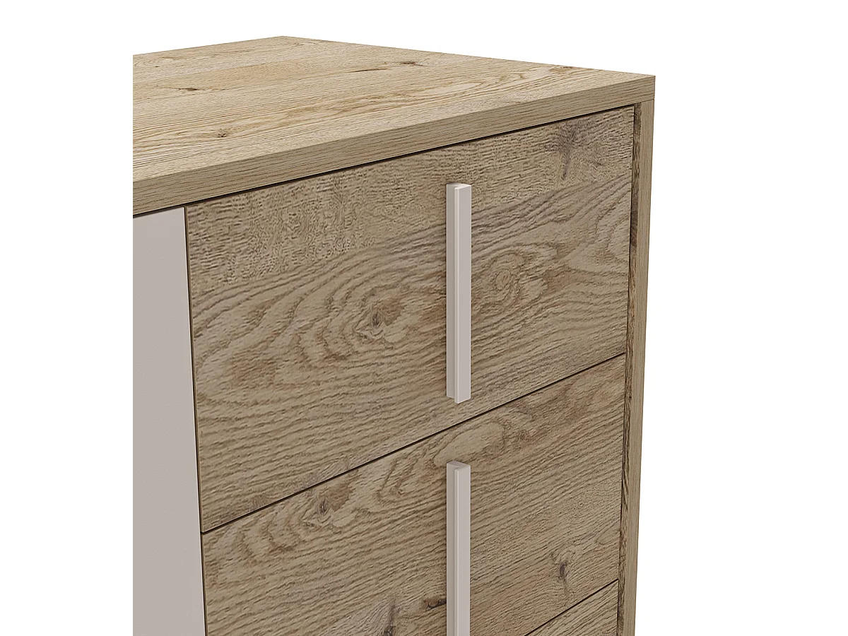 Buffet, meuble de rangement avec 2 portes et 3 tiroirs aspect bois coloris chêne et métal coloris gris - Longueur 140 x Profondeur 40 x Hauteur 80 cm