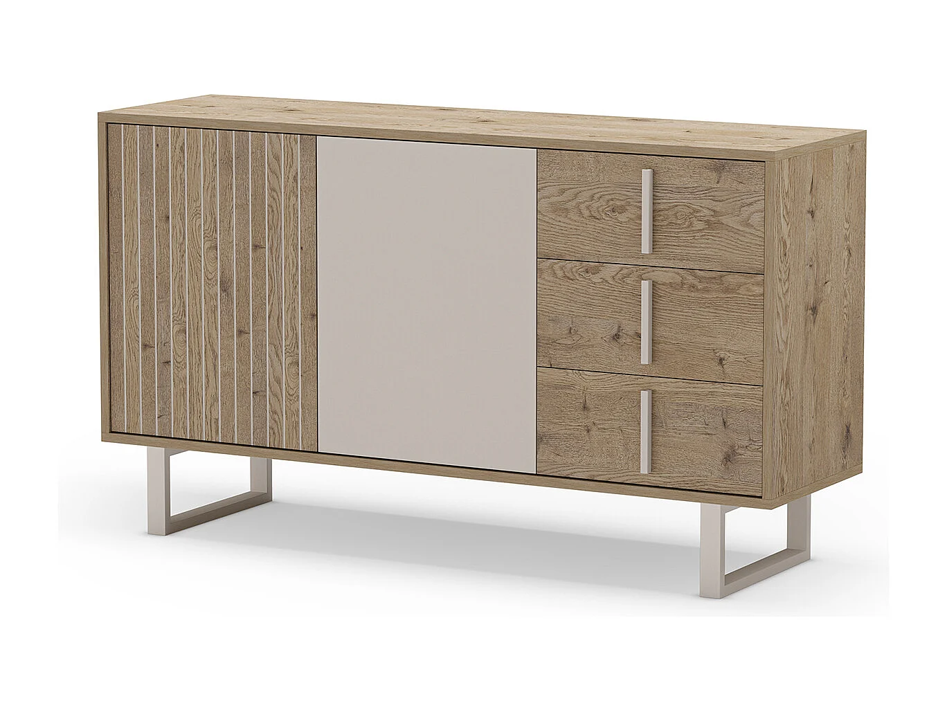 Buffet, meuble de rangement avec 2 portes et 3 tiroirs aspect bois coloris chêne et métal coloris gris - Longueur 140 x Profondeur 40 x Hauteur 80 cm