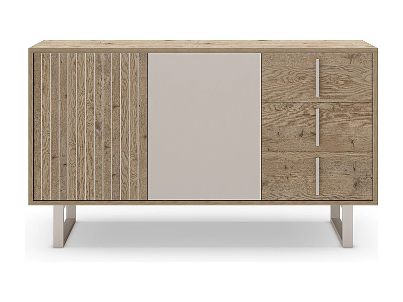 Buffet, meuble de rangement avec 2 portes et 3 tiroirs aspect bois coloris chêne et métal coloris gris - Longueur 140 x Profondeur 40 x Hauteur 80 cm