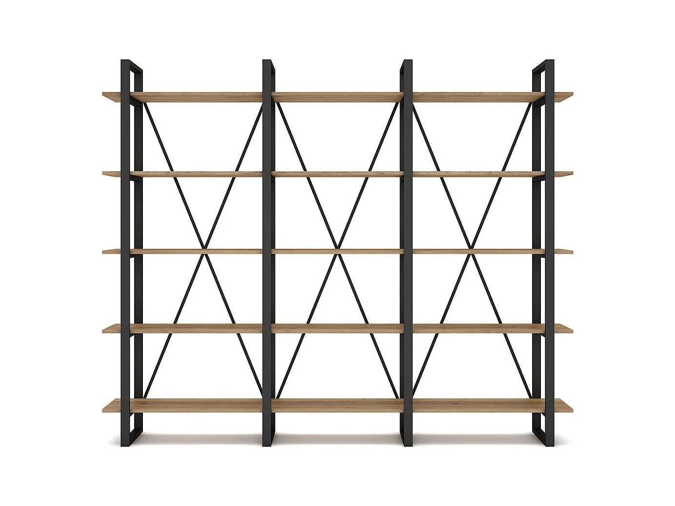 Etagère haute, meuble étagère aspect bois coloris naturel et métal noir - Longueur 217,50 x Profondeur 34,50 x Hauteur 180 cm