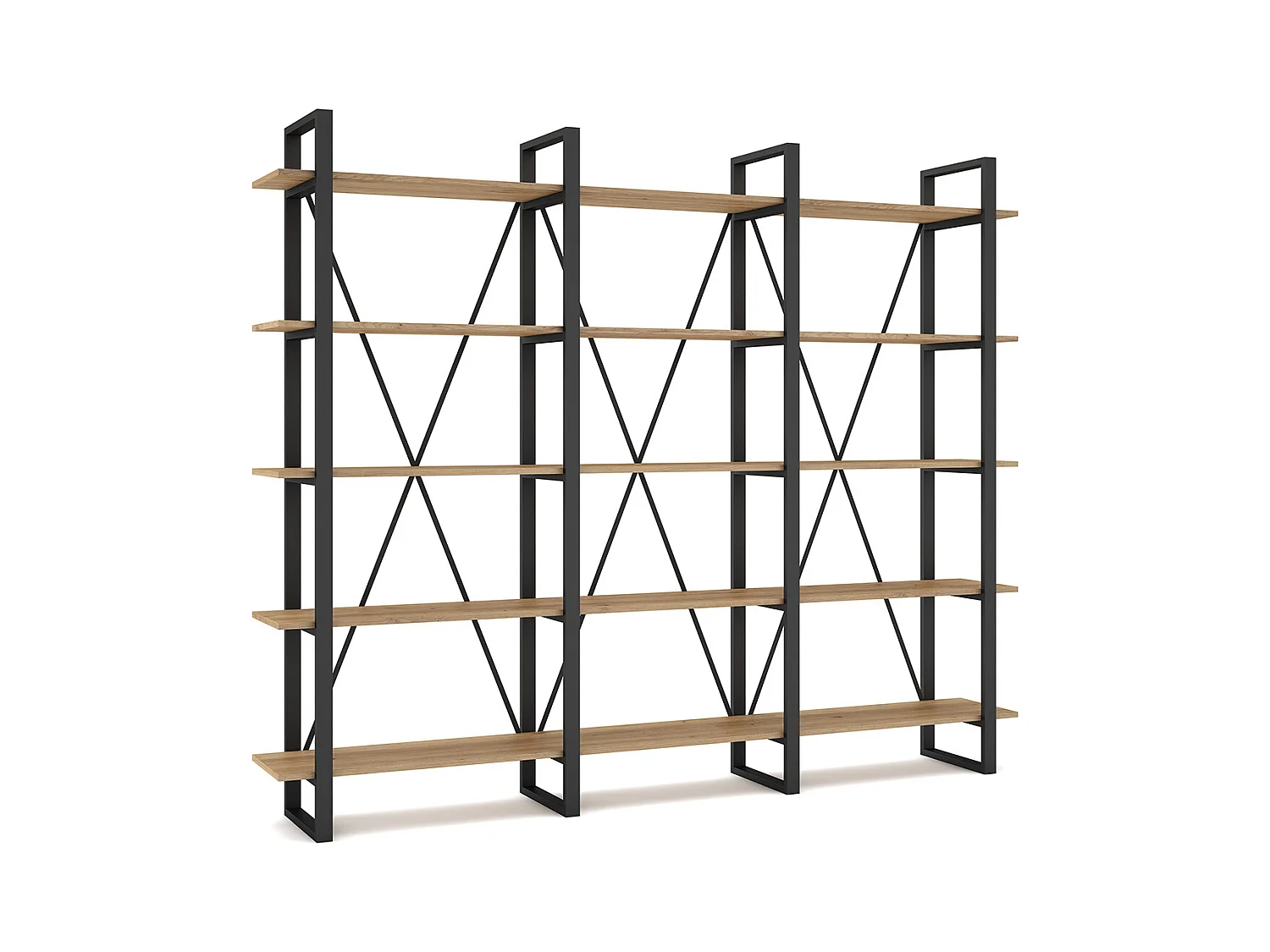 Etagère haute, meuble étagère aspect bois coloris naturel et métal noir - Longueur 217,50 x Profondeur 34,50 x Hauteur 180 cm