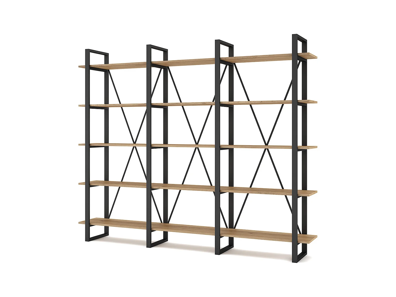 Etagère haute, meuble étagère aspect bois coloris naturel et métal noir - Longueur 217,50 x Profondeur 34,50 x Hauteur 180 cm