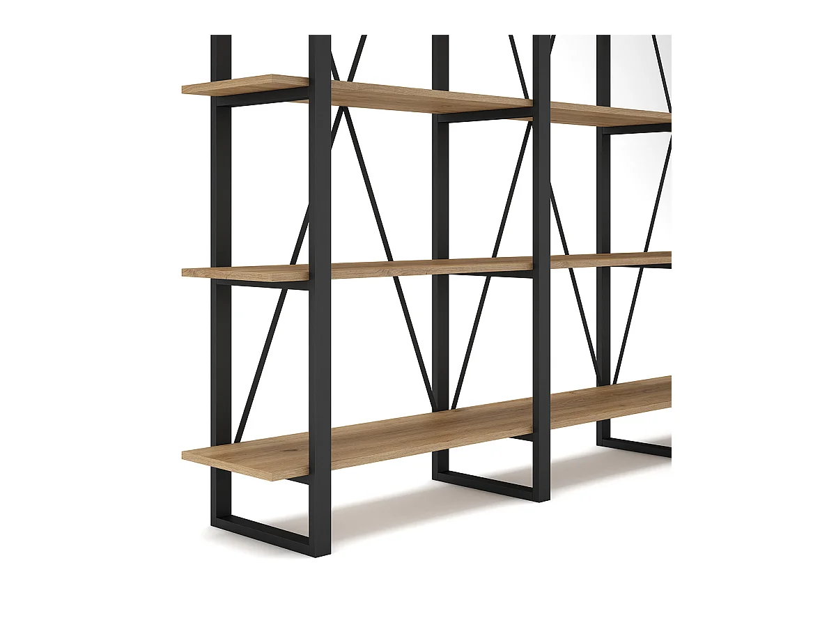 Etagère haute, meuble étagère aspect bois coloris naturel et métal noir - Longueur 217,50 x Profondeur 34,50 x Hauteur 180 cm