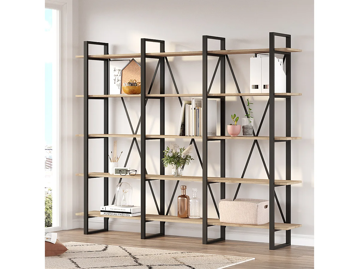 Etagère haute, meuble étagère aspect bois coloris naturel et métal noir - Longueur 217,50 x Profondeur 34,50 x Hauteur 180 cm