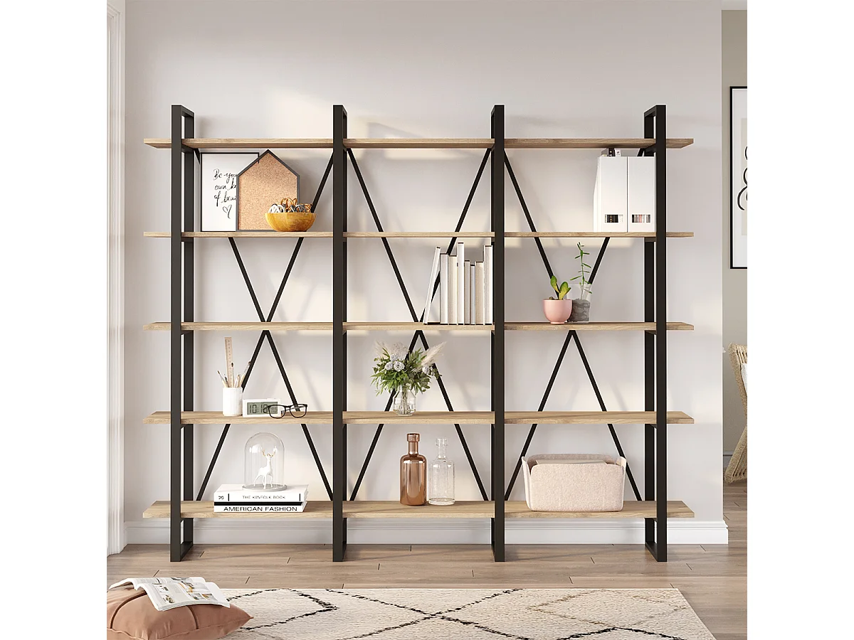 Etagère haute, meuble étagère aspect bois coloris naturel et métal noir - Longueur 217,50 x Profondeur 34,50 x Hauteur 180 cm