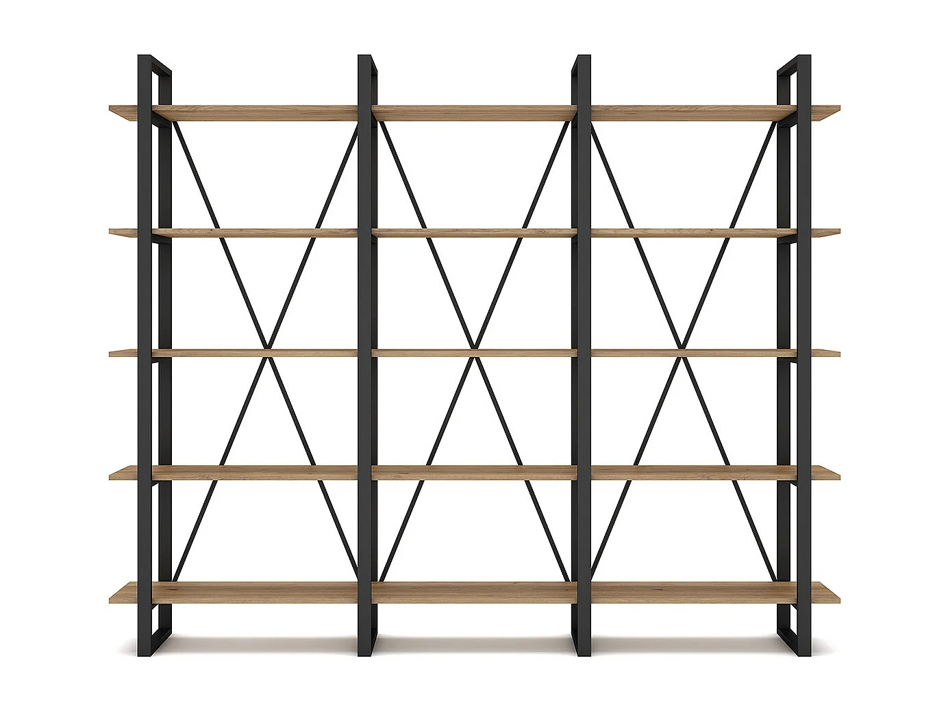 Etagère haute, meuble étagère aspect bois coloris naturel et métal noir - Longueur 217,50 x Profondeur 34,50 x Hauteur 180 cm